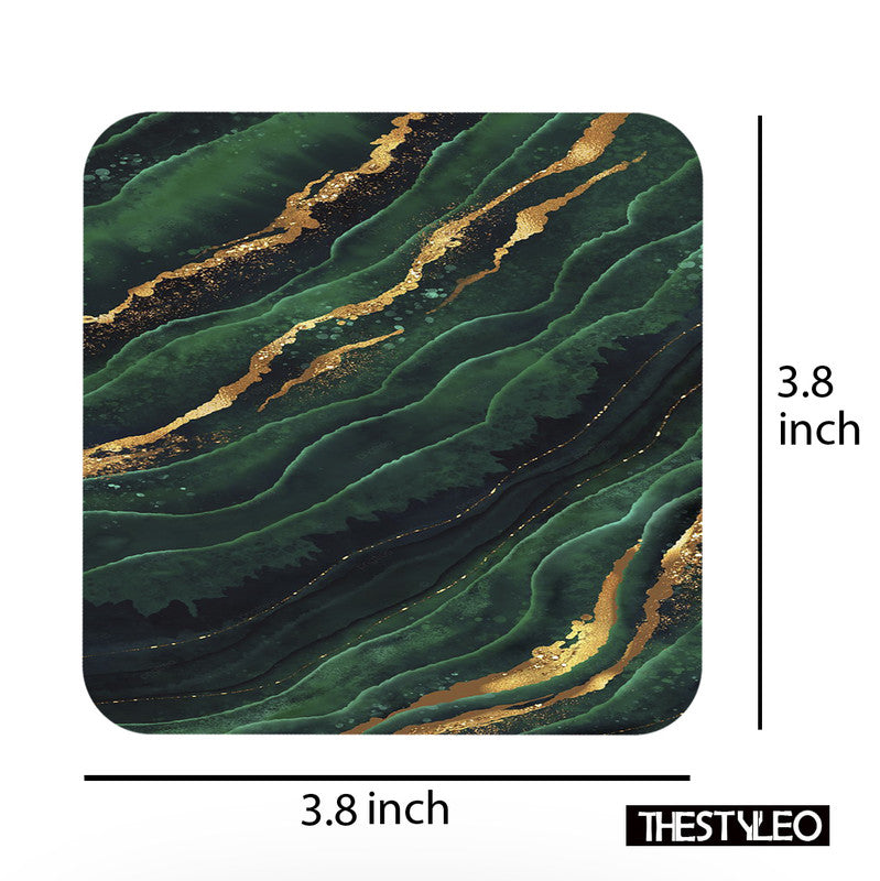 Printed Dark Green And Gold Pattern Designer Printed Square Tea Coasters (MDF Wooden, Set Of 6 Pieces Coaster) Dark Green And Gold