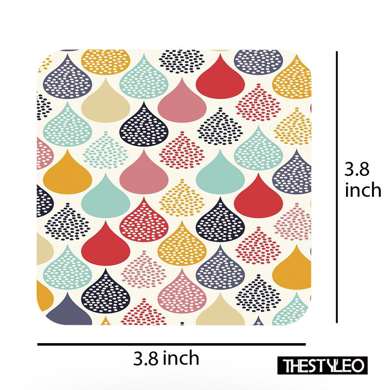 Colorful Waterdrop Designer Printed Square Tea Coasters With Stand (MDF Wooden, Set Of 6 Pieces Coaster And 1 Stand) Colorful Waterdrop
