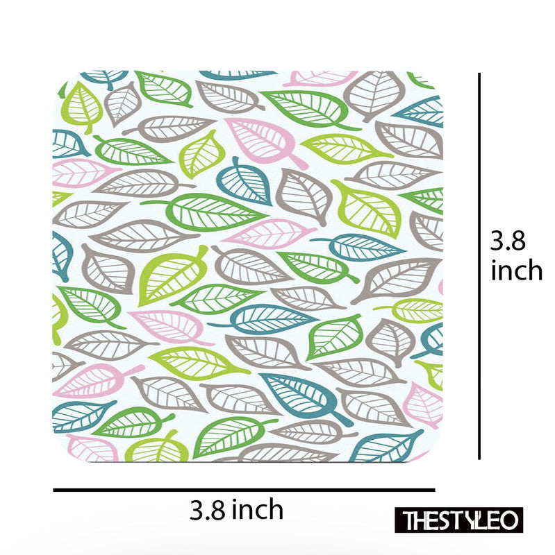 Printed Leaf Pattern Designer Printed Square Tea Coasters (MDF Wooden, Set Of 6 Pieces Coaster) Leaf Pattern