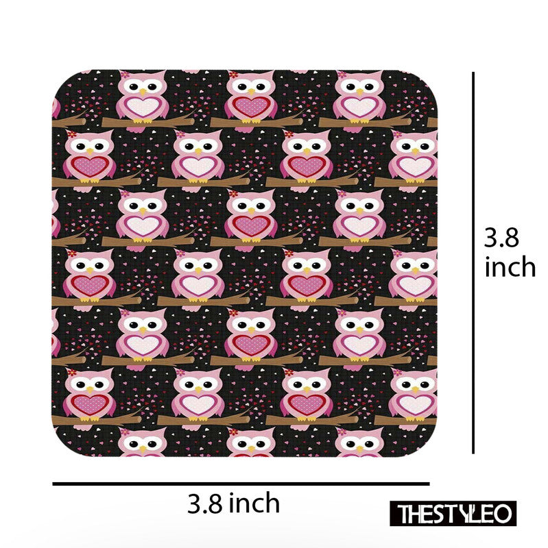 Cute Owls Pattern Designer Printed Square Tea Coasters With Stand (MDF Wooden, Set Of 6 Pieces Coaster And 1 Stand) Cute Owls Pattern