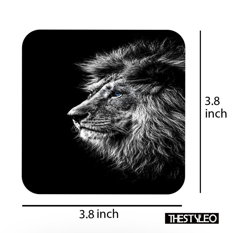 Printed Black Lion Pattern Designer Printed Square Tea Coasters (MDF Wooden, Set Of 6 Pieces Coaster) Black Lion