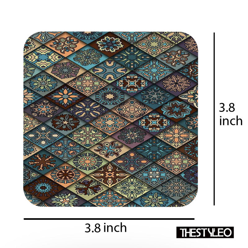 Green Mandala Wooden Designer Printed Square Tea Coasters (MDF Wooden, Set of 6 Pieces) Green Mandala Wooden