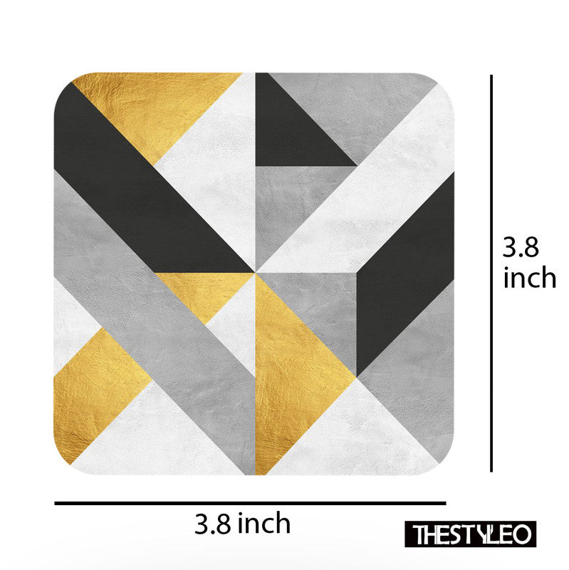 Gold And Gray Pattern Designer Printed Square Tea Coasters With Stand (MDF Wooden, Set Of 6 Pieces Coaster And 1 Stand) Gold And Gray Pattern