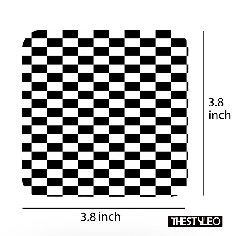 Black And White Box Designer Printed Square Tea Coasters With Stand (MDF Wooden, Set Of 6 Pieces Coaster And 1 Stand) Black And White Box