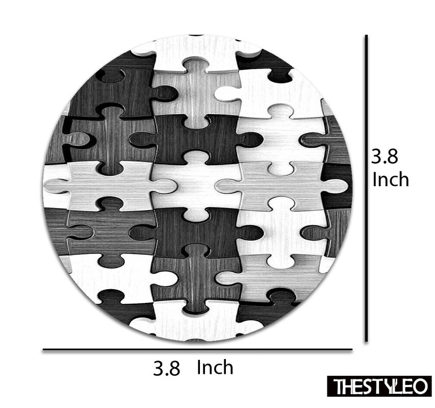 Black White Puzzle Designer Printed Round Tea Coasters (MDF Wooden, Set Of 6 Pieces) Black White Puzzle