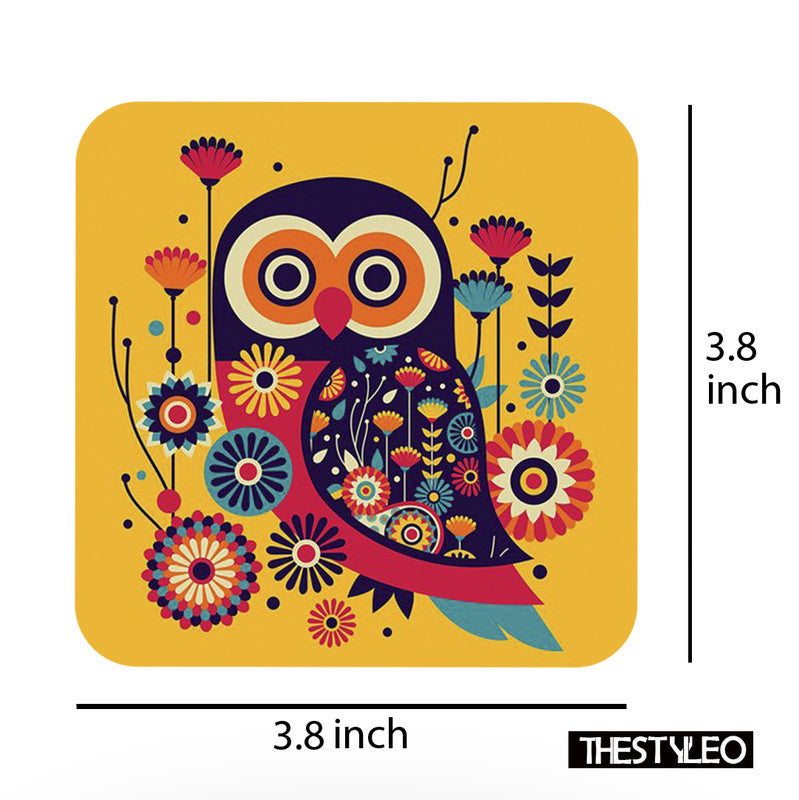 Abstract owl Wooden Designer Printed Square Tea Coasters (MDF Wooden, Set of 6 Pieces) Abstract owl Wooden