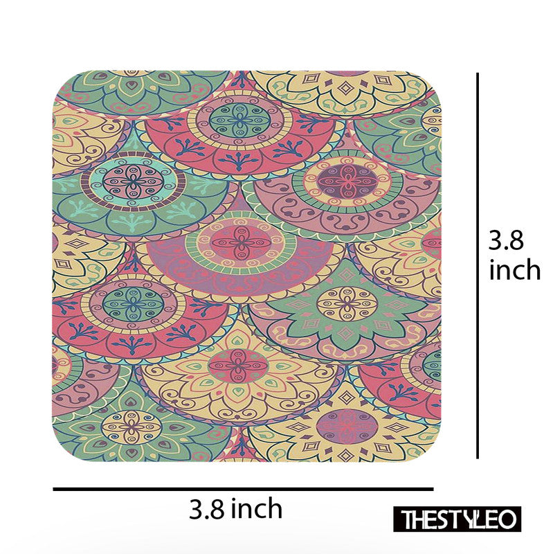 Printed Mandala Art Pattern Designer Printed Square Tea Coasters (MDF Wooden, Set Of 6 Pieces Coaster) Mandala Art