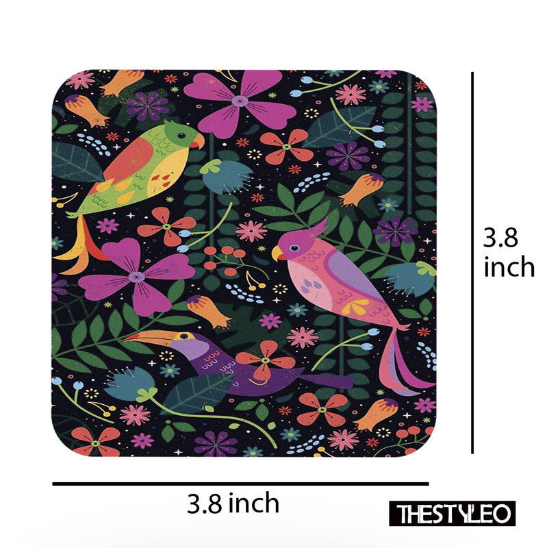 Multicolours Designer Printed Square Tea Coasters With Stand (MDF Wooden, Set Of 6 Pieces Coaster) Multicolours