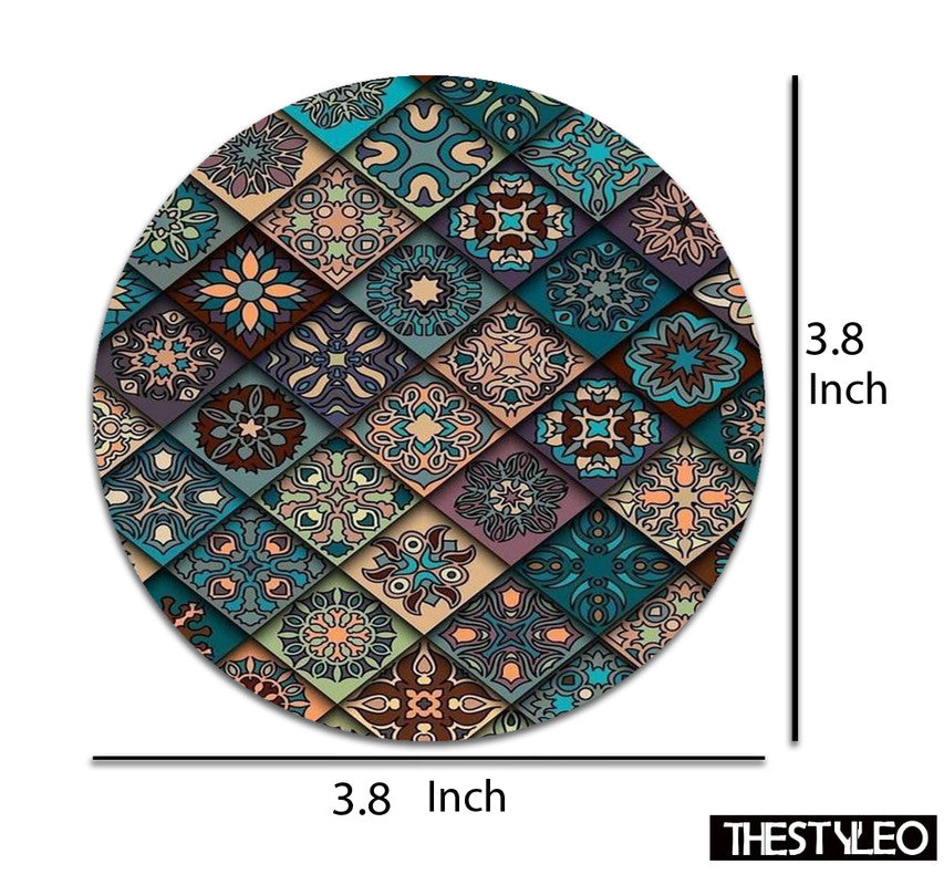 Ethnic Floral Mandala Designer Printed Round Tea Coasters (MDF Wooden, Set Of 6 Pieces) Ethnic Floral Mandala