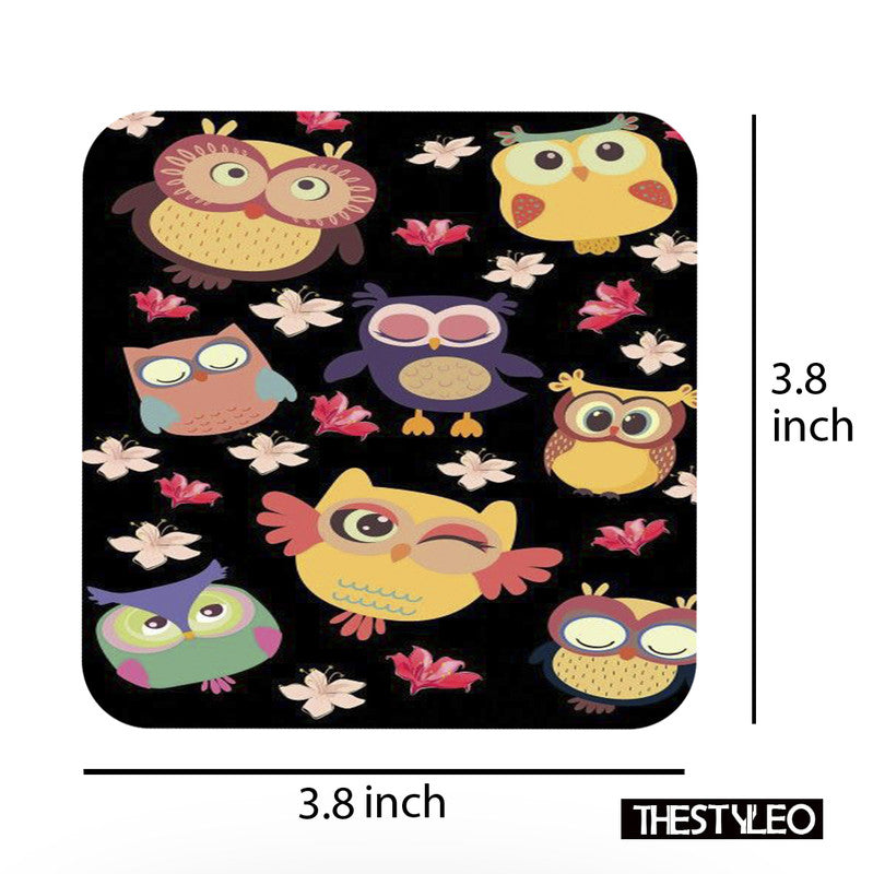 Cute Owls Designer Printed Square Tea Coasters With Stand (MDF Wooden, Set Of 6 Pieces Coaster And 1 Stand) Cute Owls