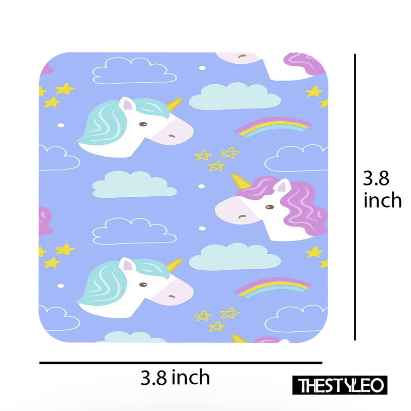 Unicorn Pattern Designer Printed Square Tea Coasters With Stand (MDF Wooden, Set Of 6 Pieces Coaster And 1 Stand) Unicorn Pattern
