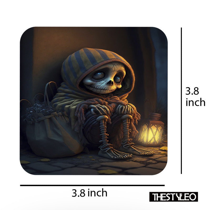 Skull Pattern MDF Wooden Printed Square Coasters for Home and Kitchen | Dining Table Decor (Set of 6 Pieces) Skull Pattern MDF Wooden Printed Coasters