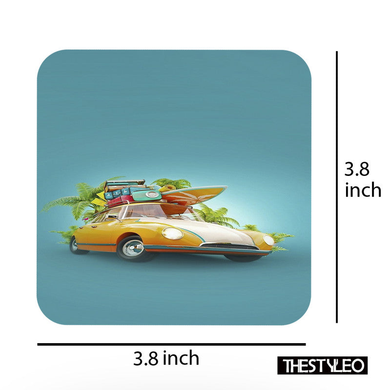 Summer Travel MDF Wooden Printed Square Coasters for Home and Kitchen | Dining Table Decor (Set of 6 Pieces) Summer Travel MDF Wooden Printed Coasters