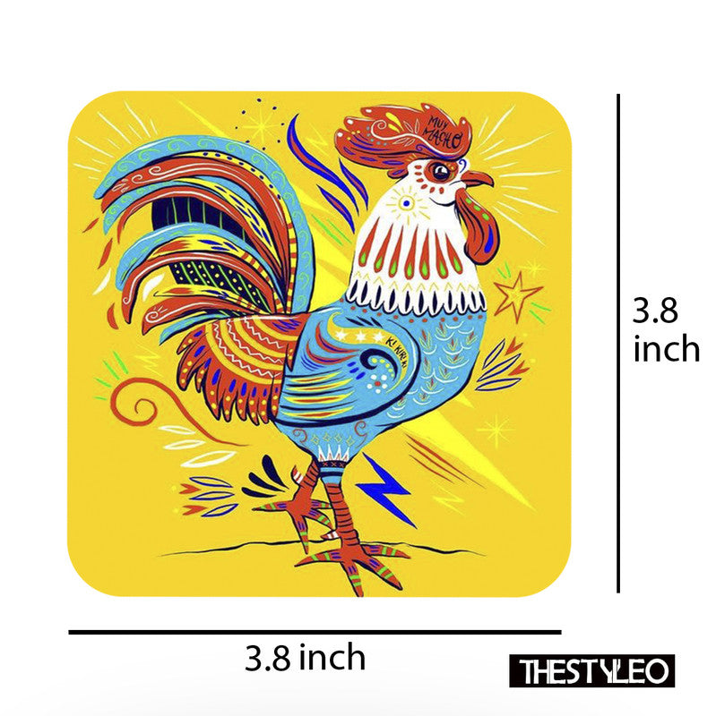 Colorful Rooster Wooden Designer Printed Square Tea Coasters (MDF Wooden, Set of 6 Pieces) Colorful Rooster Wooden