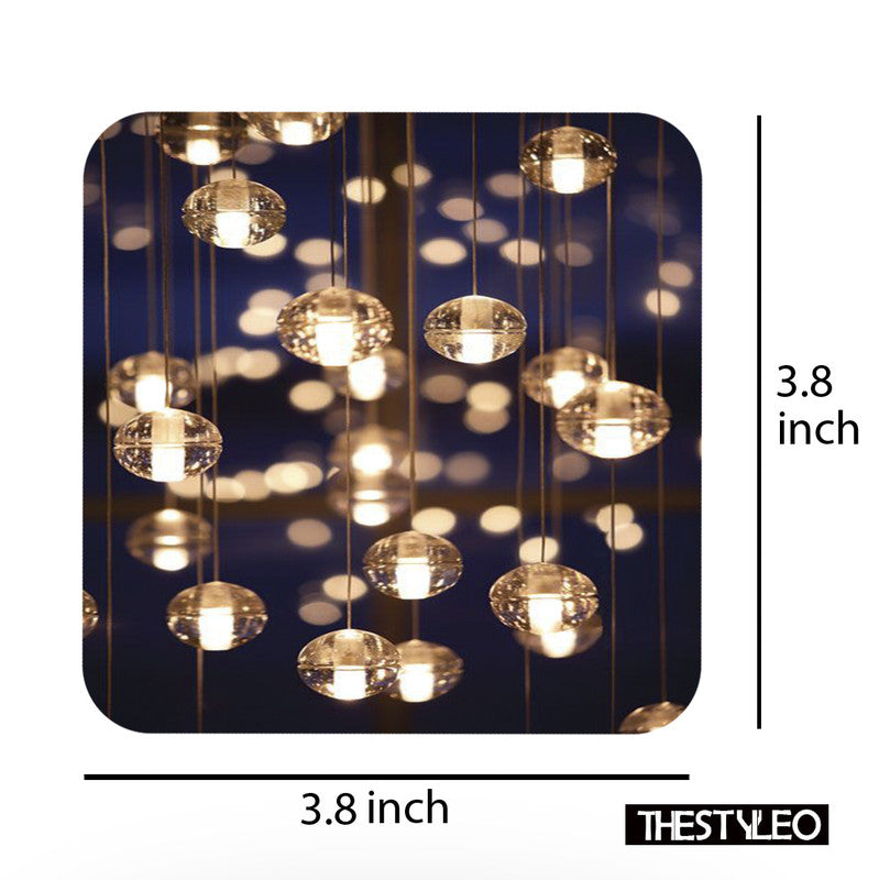 Lights Designer Printed Square Tea Coasters With Stand (MDF Wooden, Set Of 6 Pieces Coaster And 1 Stand) Lights