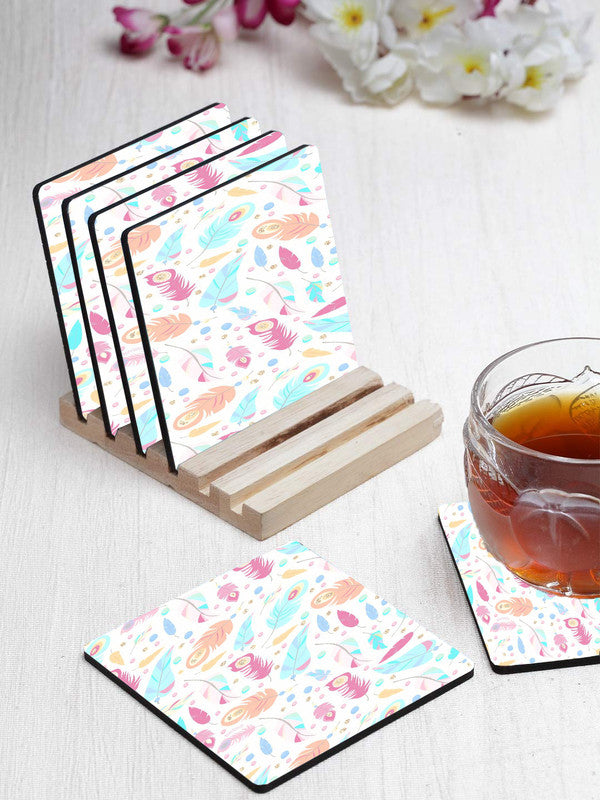 Boho Feather Designer Printed Square Tea Coasters With Stand (MDF Wooden, Set Of 6 Pieces Coaster And 1 Stand) Boho Feather Designer Printed Square Tea Coasters With Stand (MDF Wooden, Set Of 6 Pieces Coaster And 1 Stand)