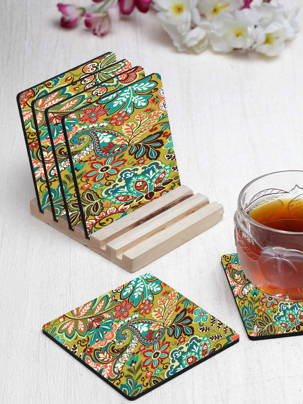 Flowers Designer Printed Square Tea Coasters With Stand (MDF Wooden, Set Of 6 Pieces Coaster And 1 Stand) Flowers Designer Printed Square Tea Coasters With Stand (MDF Wooden, Set Of 6 Pieces Coaster And 1 Stand)
