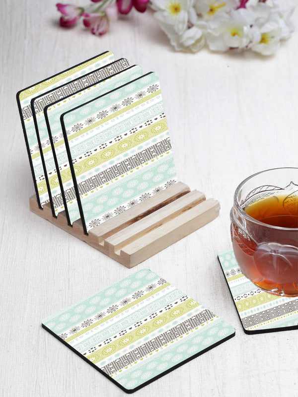 Printed Pattern Designer Printed Square Tea Coasters With Stand (MDF Wooden, Set Of 6 Pieces Coaster And 1 Stand) Printed Pattern Designer Printed Square Tea Coasters With Stand (MDF Wooden, Set Of 6 Pieces Coaster And 1 Stand)