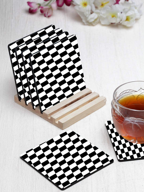 Black And White Box Designer Printed Square Tea Coasters With Stand (MDF Wooden, Set Of 6 Pieces Coaster And 1 Stand)