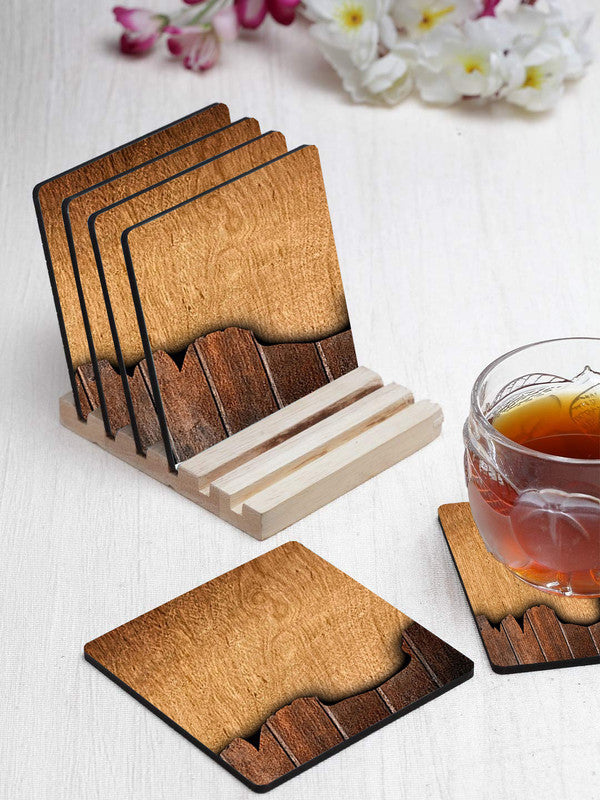 Wood Pattern Designer Printed Square Tea Coasters With Stand (MDF Wooden, Set Of 6 Pieces Coaster And 1 Stand)