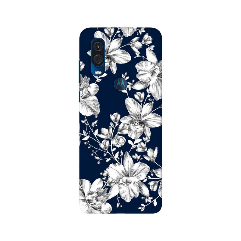 White flowers Blue Background Mobile Back Case for Moto One Vision (Design - 14) White flowers Blue Background Case for Moto One Vision