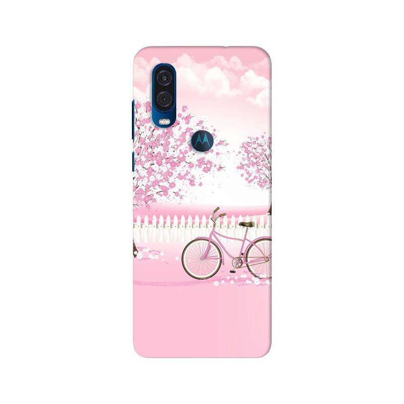 Pink Flowers Cycle Mobile Back Case for Moto One Vision (Design - 102) Pink Flowers Cycle Case for Moto One Vision (Design - 102)