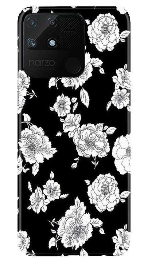 White flowers Black Background Mobile Back Case for Realme Narzo 50A (Design - 9) White flowers Black Background Case for Realme Narzo 50A