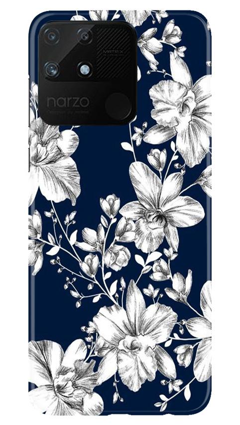White flowers Blue Background Mobile Back Case for Realme Narzo 50A (Design - 14) White flowers Blue Background Case for Realme Narzo 50A