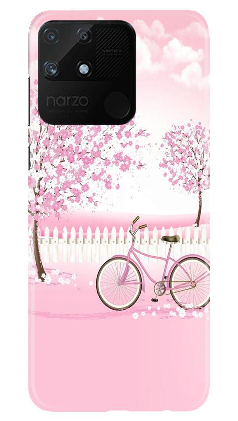 Pink Flowers Cycle Mobile Back Case for Realme Narzo 50A (Design - 102) Pink Flowers Cycle Case for Realme Narzo 50A (Design - 102)