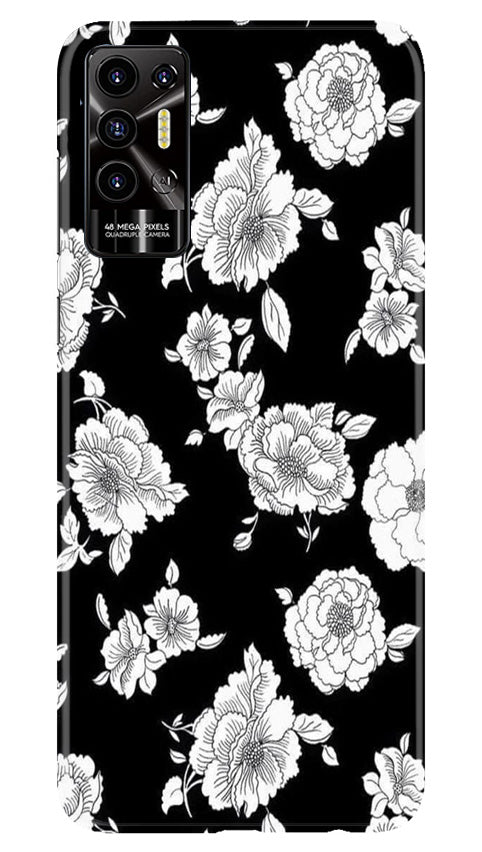 White flowers Black Background Mobile Back Case for Tecno Pova 2 (Design - 9) White flowers Black Background Case for Tecno Pova 2