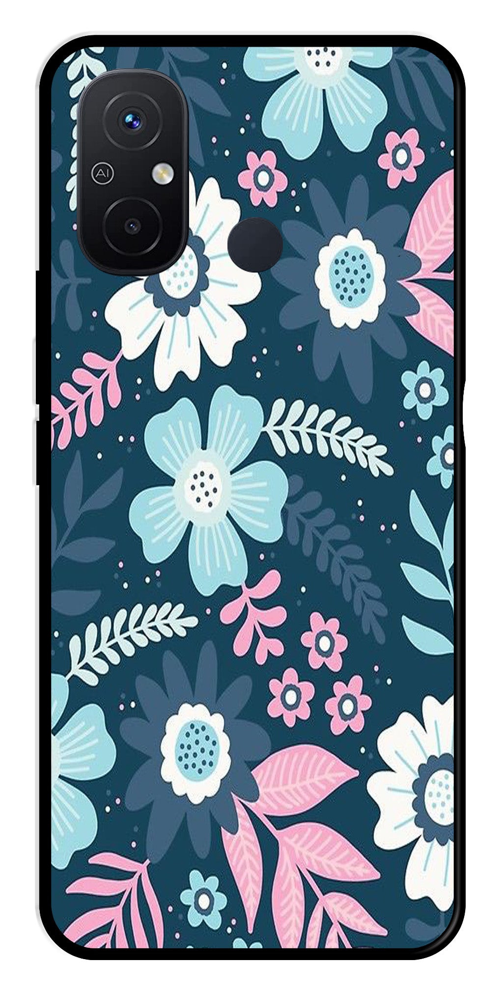 Flower Leaves Design Metal Mobile Case for Poco C55 (Design No -50)