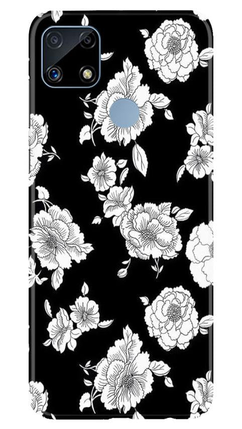 White flowers Black Background Mobile Back Case for Realme C25 (Design - 9) White flowers Black Background Case for Realme C25