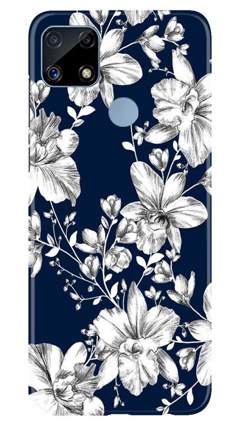 White flowers Blue Background Mobile Back Case for Realme C25 (Design - 14) White flowers Blue Background Case for Realme C25