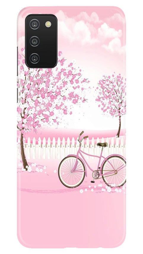 Pink Flowers Cycle Mobile Back Case for Samsung Galaxy A03s (Design - 102) Pink Flowers Cycle Case for Samsung Galaxy A03s (Design - 102)