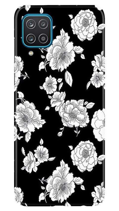 White flowers Black Background Mobile Back Case for Samsung Galaxy F12 (Design - 9) White flowers Black Background Case for Samsung Galaxy F12