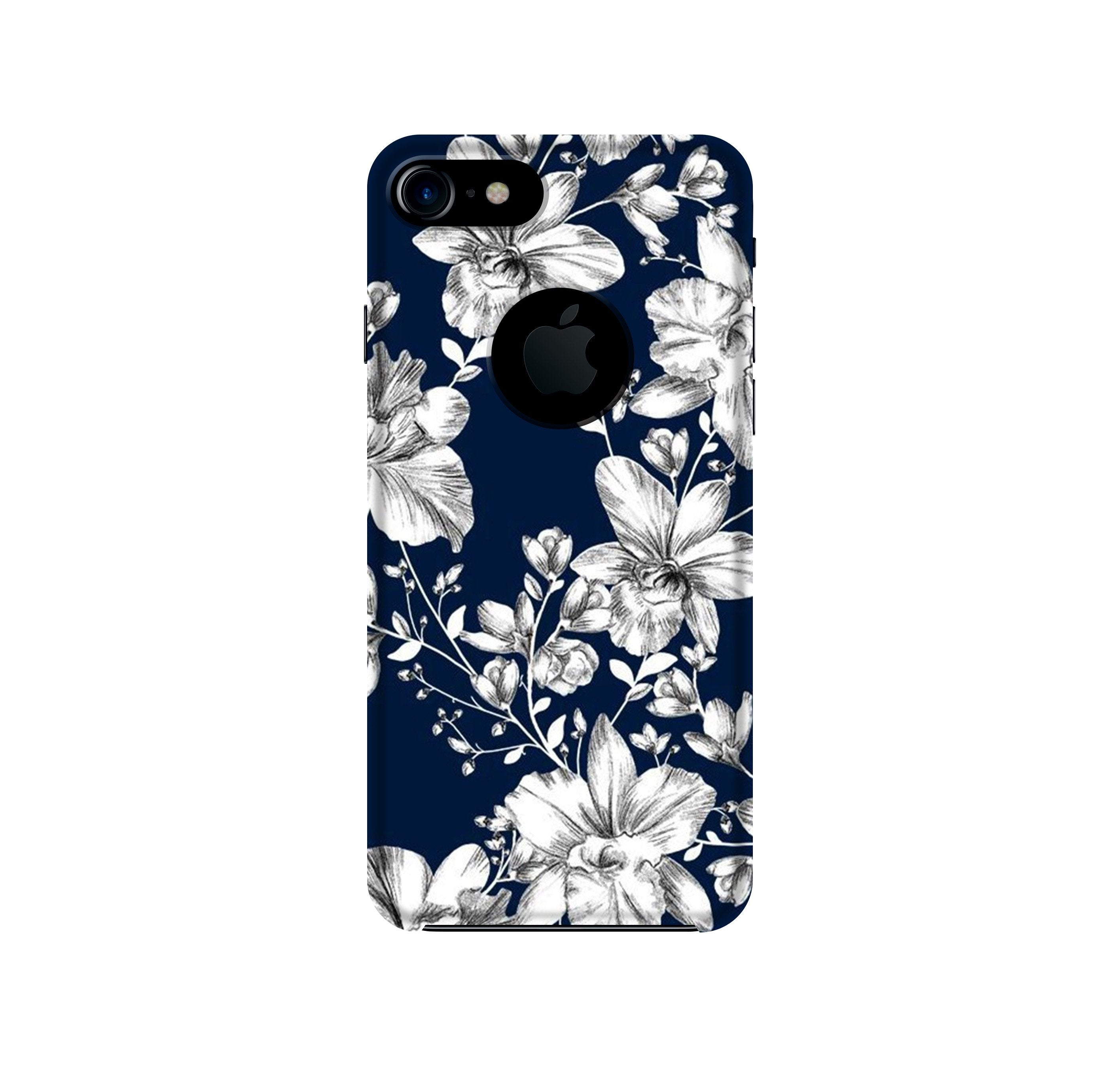 White flowers Blue Background Mobile Back Case for iPhone 7 logo cut (Design - 14) White flowers Blue Background Case for iPhone 7 logo cut