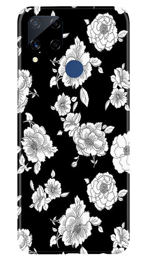 White flowers Black Background Mobile Back Case for Realme C15 (Design - 9) White flowers Black Background Case for Realme C15