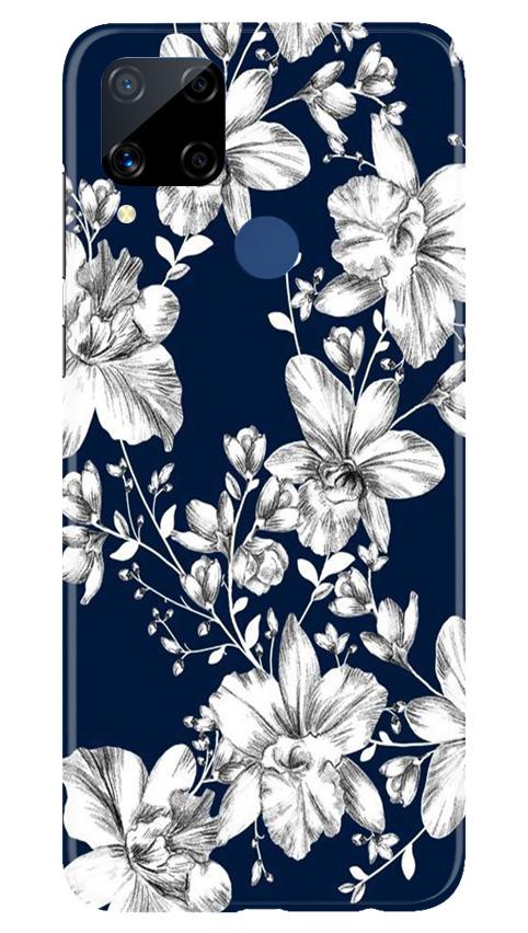 White flowers Blue Background Mobile Back Case for Realme C15 (Design - 14) White flowers Blue Background Case for Realme C15