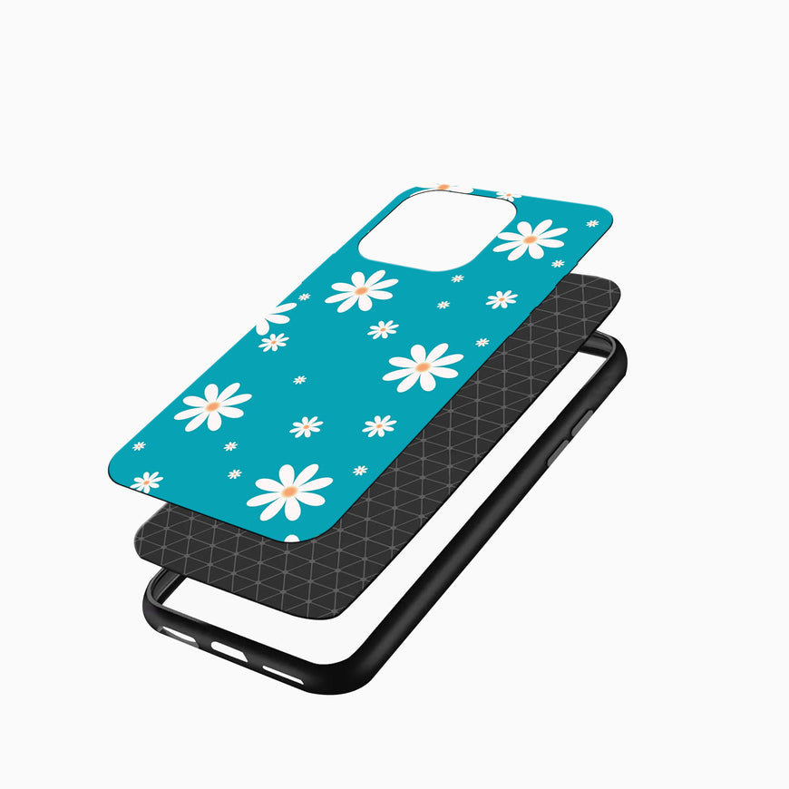 Phone case with floral design on a blue background