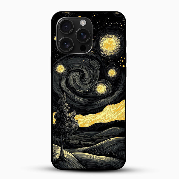 Phone case with a design inspired by 'The Starry Night' by Van Gogh on a black background.