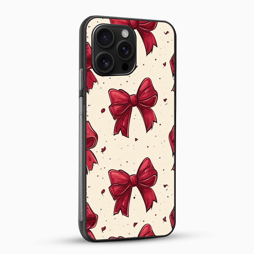 Phone case with red bow pattern on a beige background
