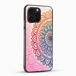 Phone case with a colorful mandala design on a pink background
