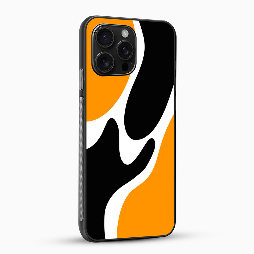 Phone case with orange, black, and white abstract design on a white background