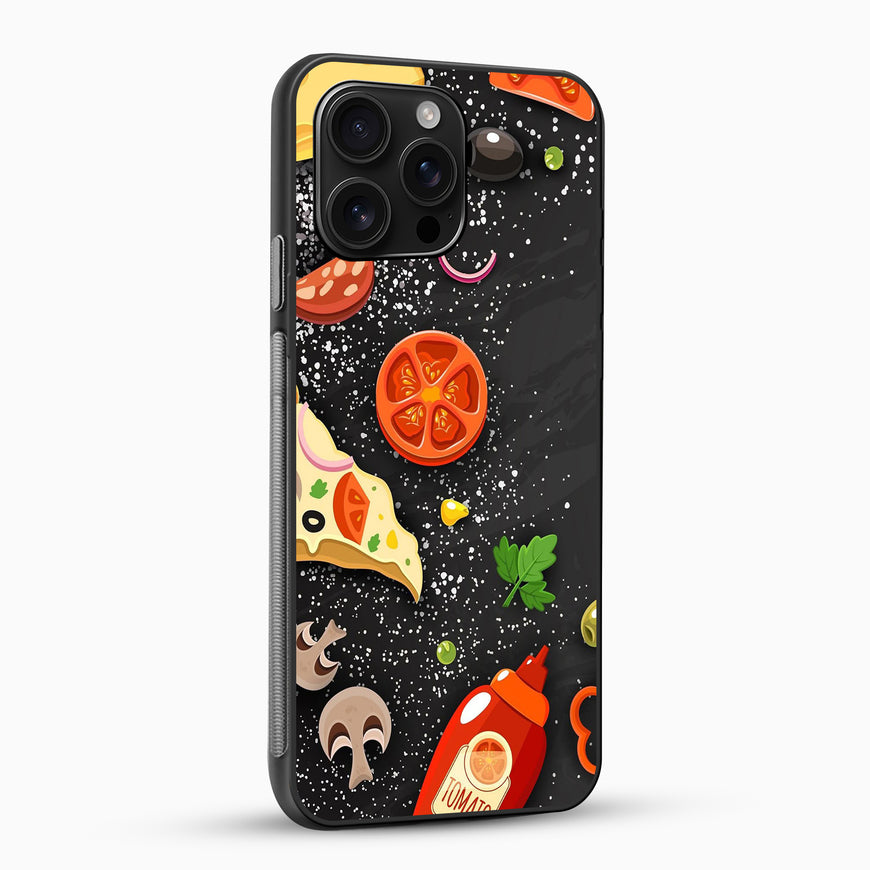 Phone case with pizza-themed design on a black background