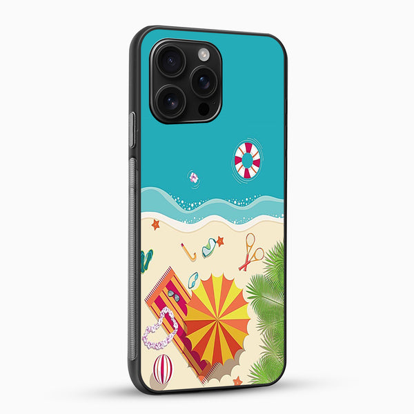 Phone case with a beach design featuring a sun, sand, and ocean.