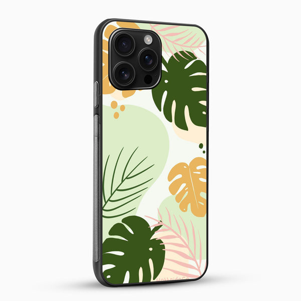 Phone case with tropical leaf design on a white background