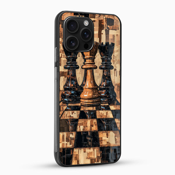 Phone case with chess piece design on a checkered background