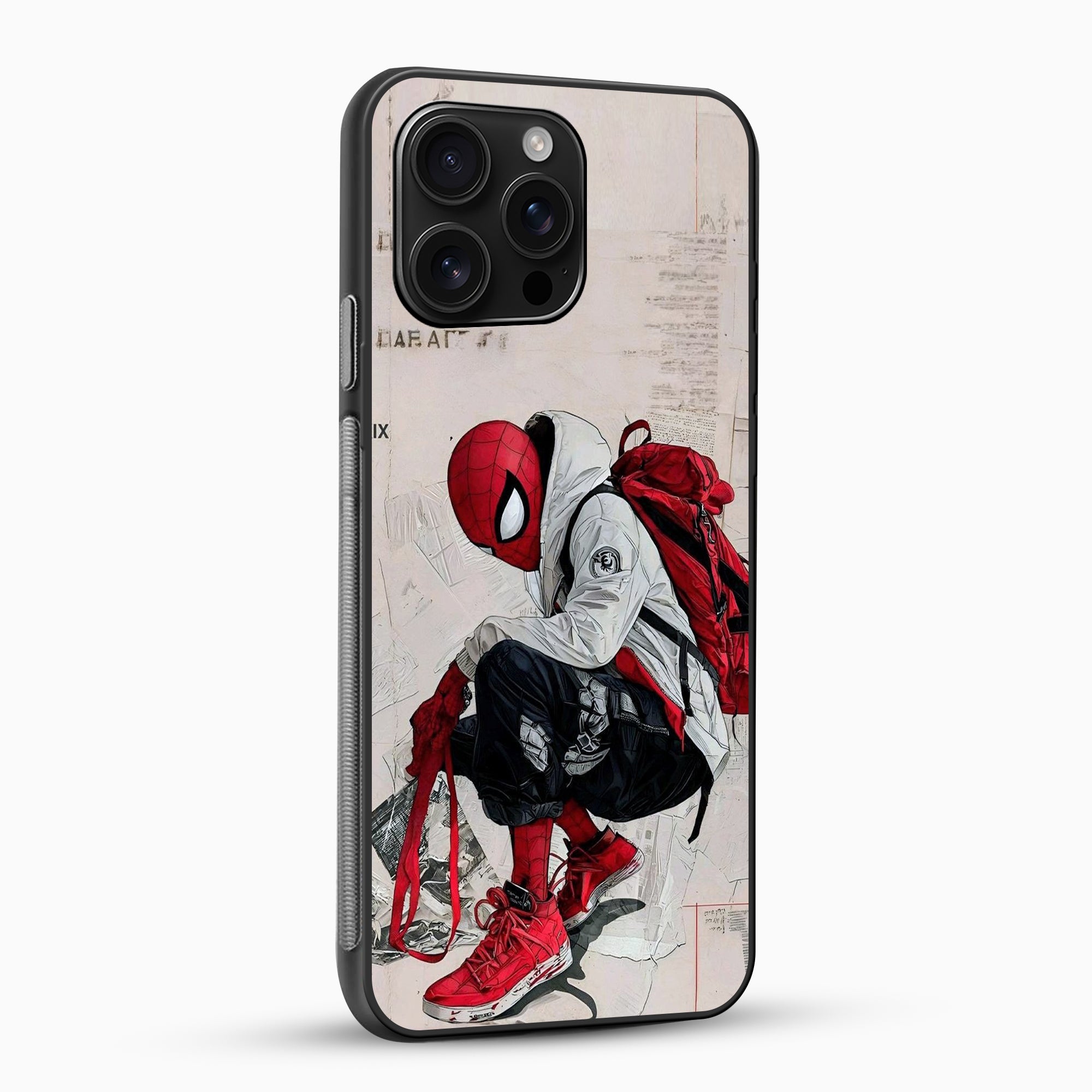 Phone case with an illustration of a character in a hoodie and red shoes on a white background