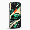 Phone case with a green car design on a white background