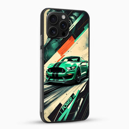 Phone case with a green car design on a white background